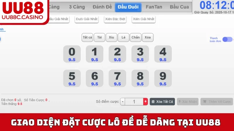 Giao diện đặt cược lô đề dễ dàng tại UU88